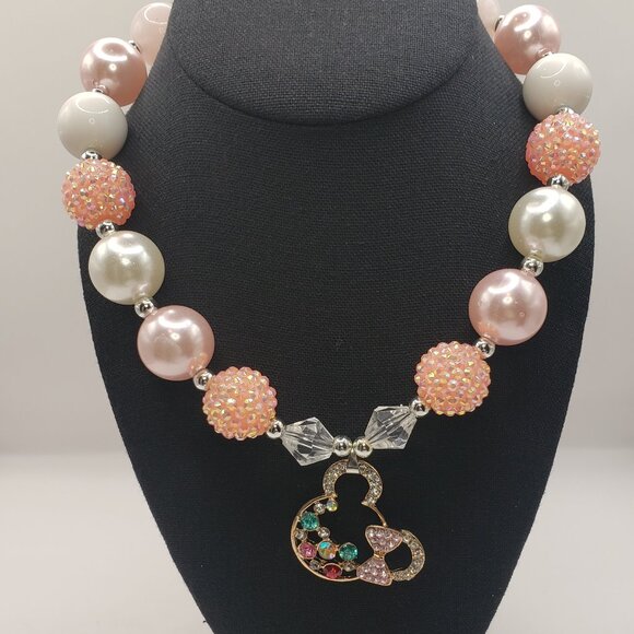 Adorable Pink Shades Bubblegum Beaded w/Gold Tone Colorful Rhinestone Necklace - Picture 6 of 13